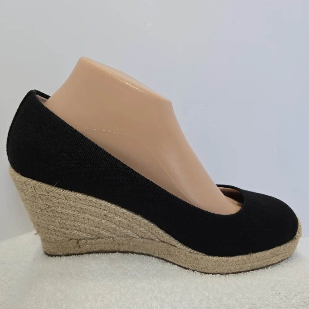 J. Crew Seville Espadrille Wedges Black Round Cap Toe Size 9 Platform Canvas